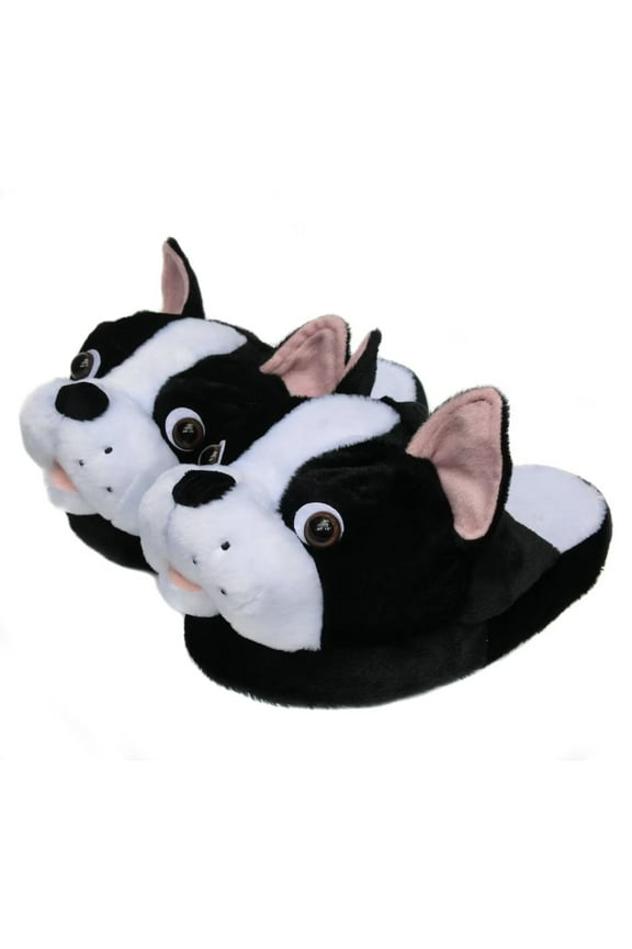 Fuzzy Winter Animal Plush Indoor Slippers for Women and Men(Size 7-8.5, boston)