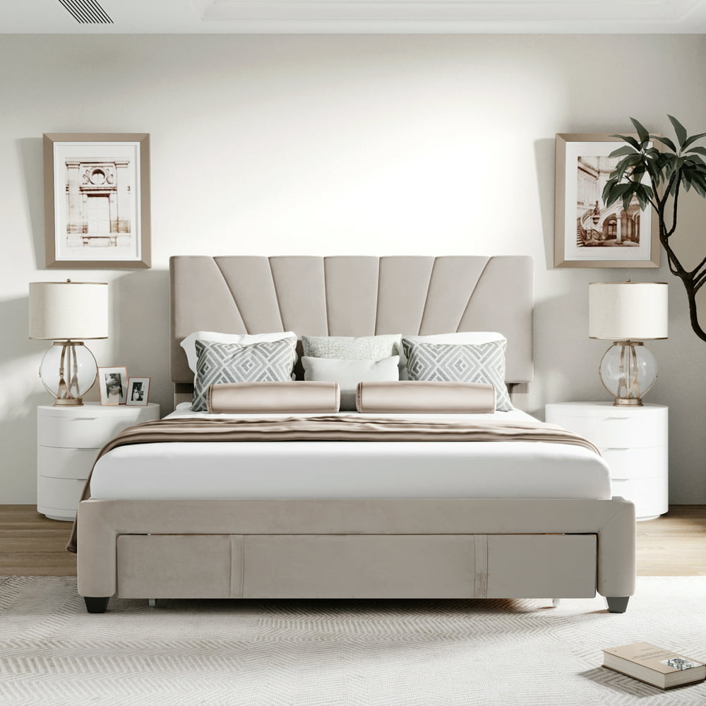 Queen Bed Frame, 2021 Upgraded Velvet Upholstered Platform Bed with
