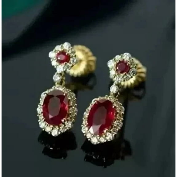 3CT Oval Cut Simulated Red Ruby Women's Birthday Gift Drop Dangle Earrings 14K Yellow Gold Plated