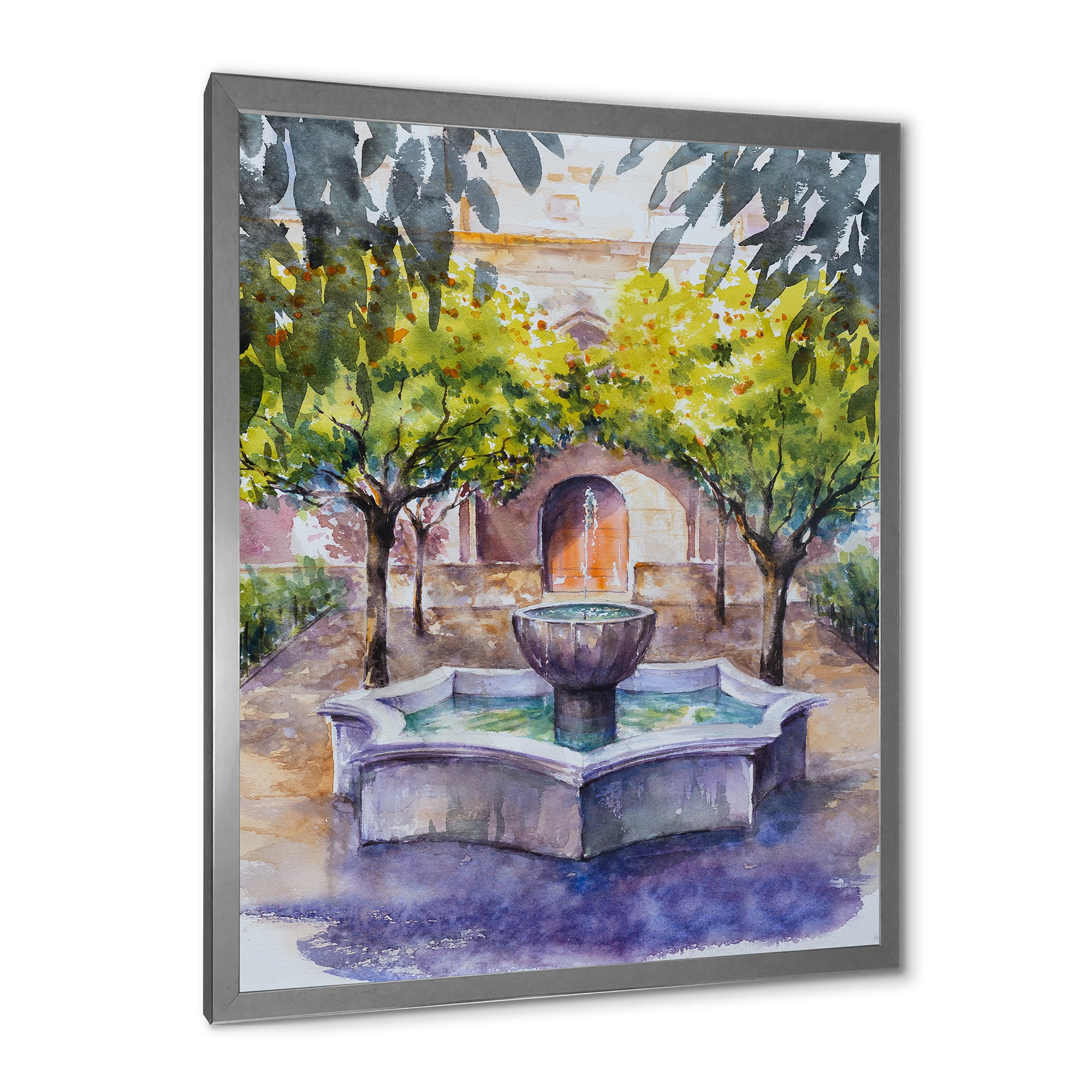 Designart 'Small Fountain With Trees In The Village House' Country Framed Art Print
