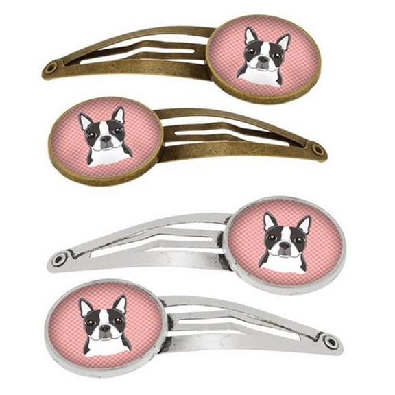 Carolines Treasures BB1203HCS4 Checkerboard Pink Boston Terrier Barrettes Hair Clips, Set of 4
