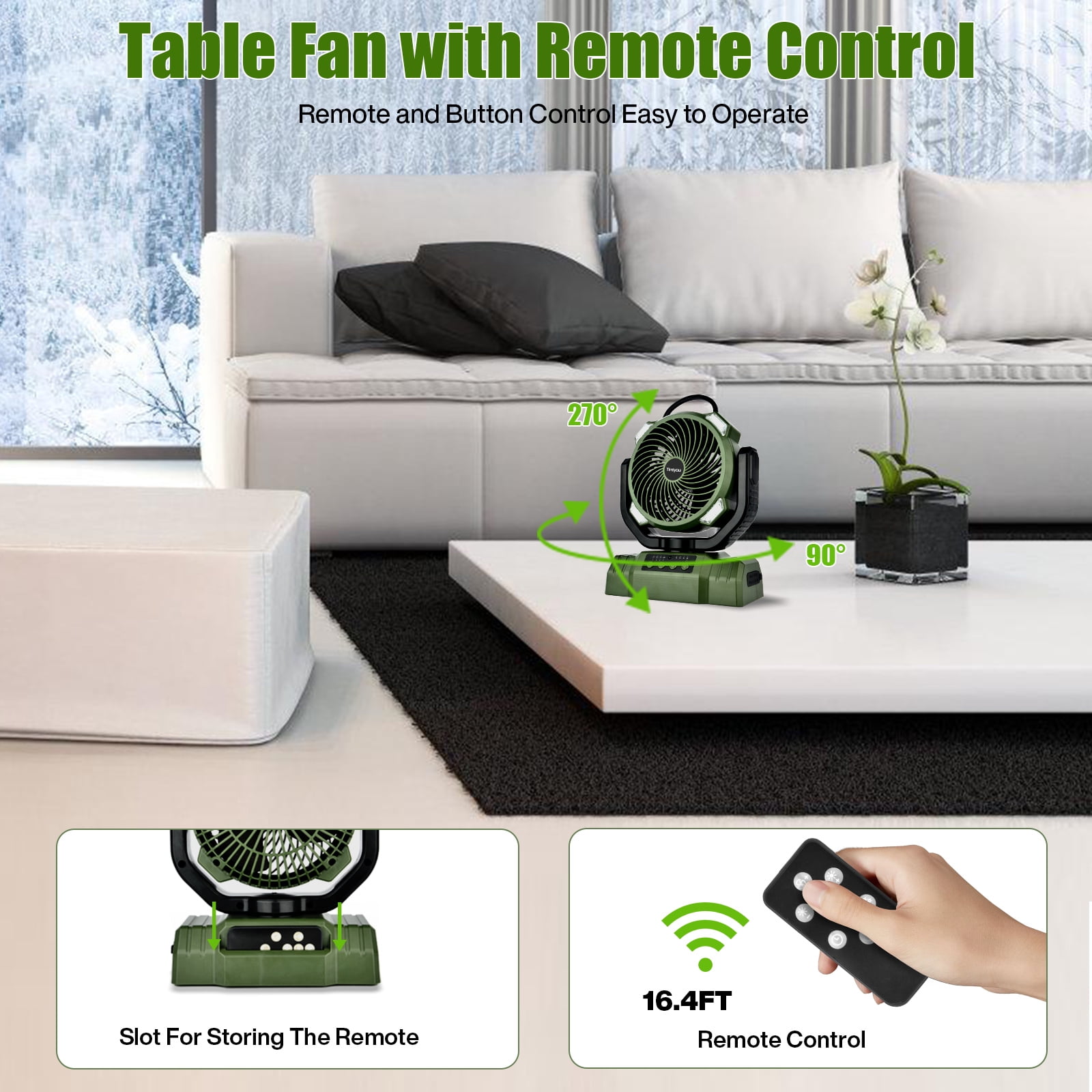Powered Camping Fan, Portable Rechargeable Tent Fan with 3-Level LED Light, Hanging Hook, Remote Control, 4 Speeds & 4 Timers, Quiet Tent Fan with 10000mAh Battery for Outdoor Travel