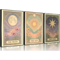3pcs Sun and Star Celestial Canvas Wall Art Vintage Tarot Astrology Wall Decor Full Moon Lotus Poster Canvas Painting Prints for Bed Room Living Room Apartment Bath Room Study room Home