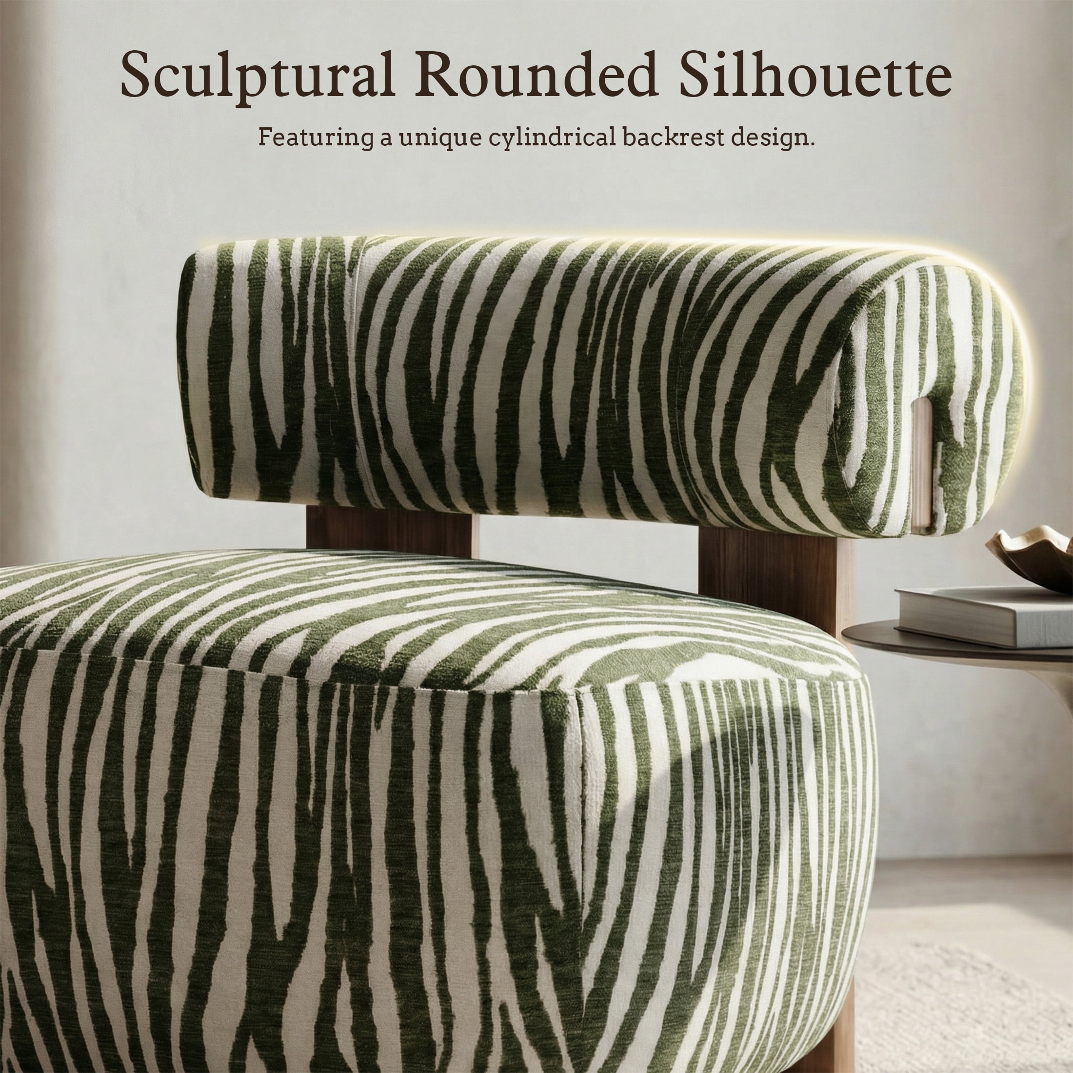 Aukfa Modern Chenille Accent Chair with Zebra-Stripe, Cylindrical Backrest for Living Room, Green