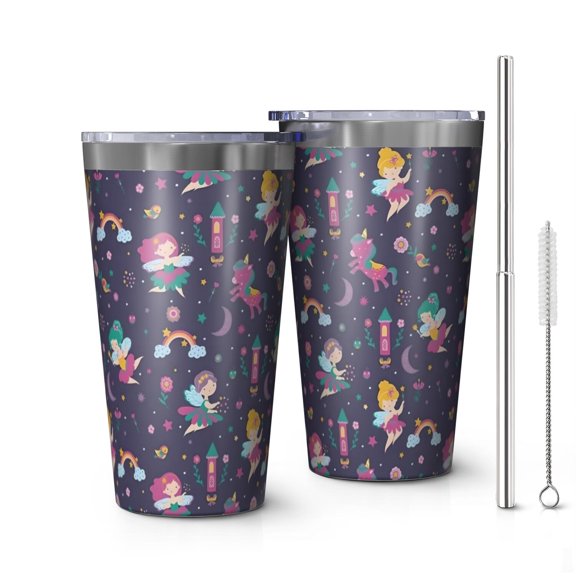 16oz Tumblers Fairy Princess Magic Pattern Stainless Steel Vacuum Insulated Double Wall Travel Tumbler Cups Mug with Lid and Straw,Cleaning Brush for Coffee,Tea