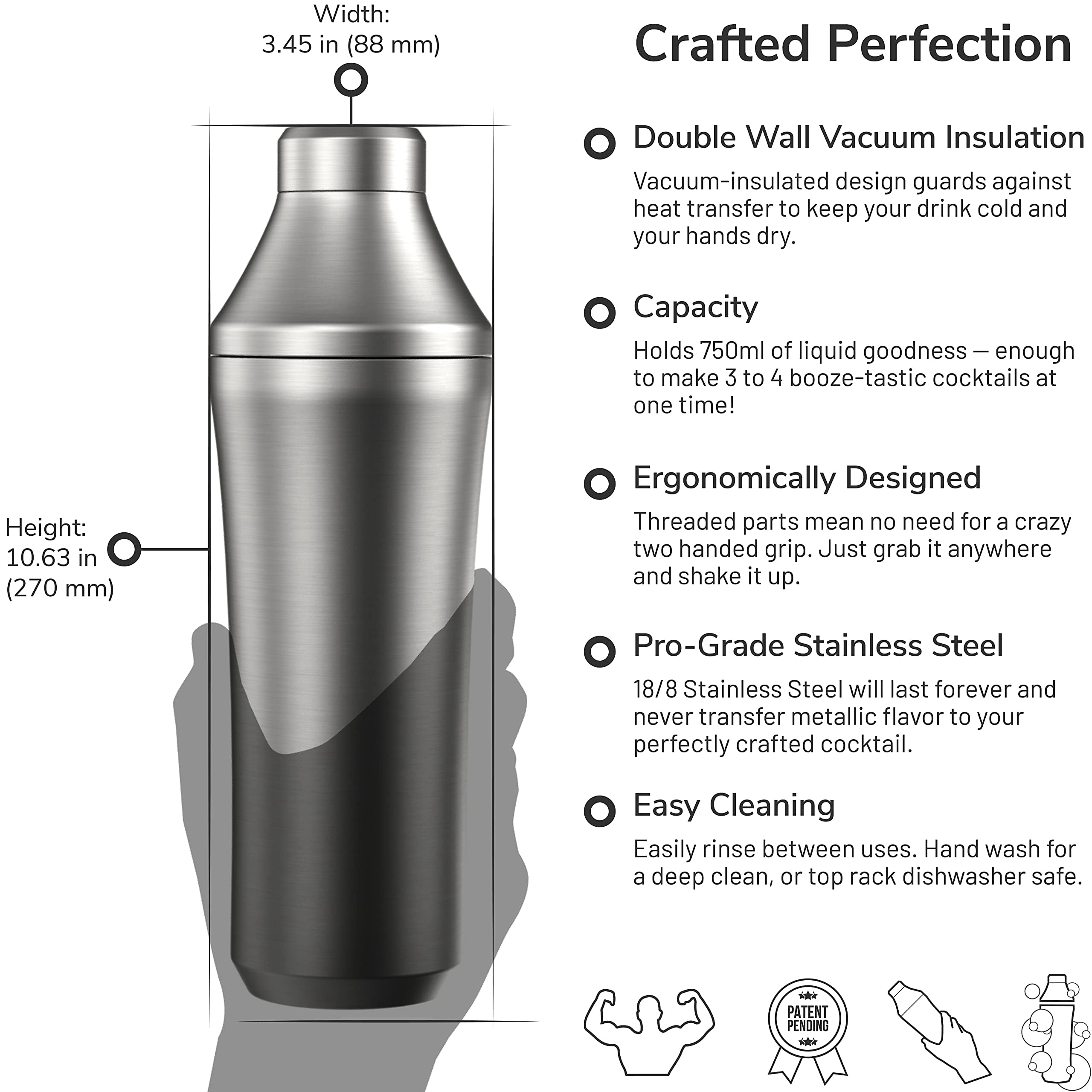 Elevated Craft Hybrid Cocktail Shaker - Premium Vacuum Insulated Stainless Steel Cocktail Shaker - Innovative Measuring System - Elevate Your Home Bar Experience - 28oz Total Volume 1