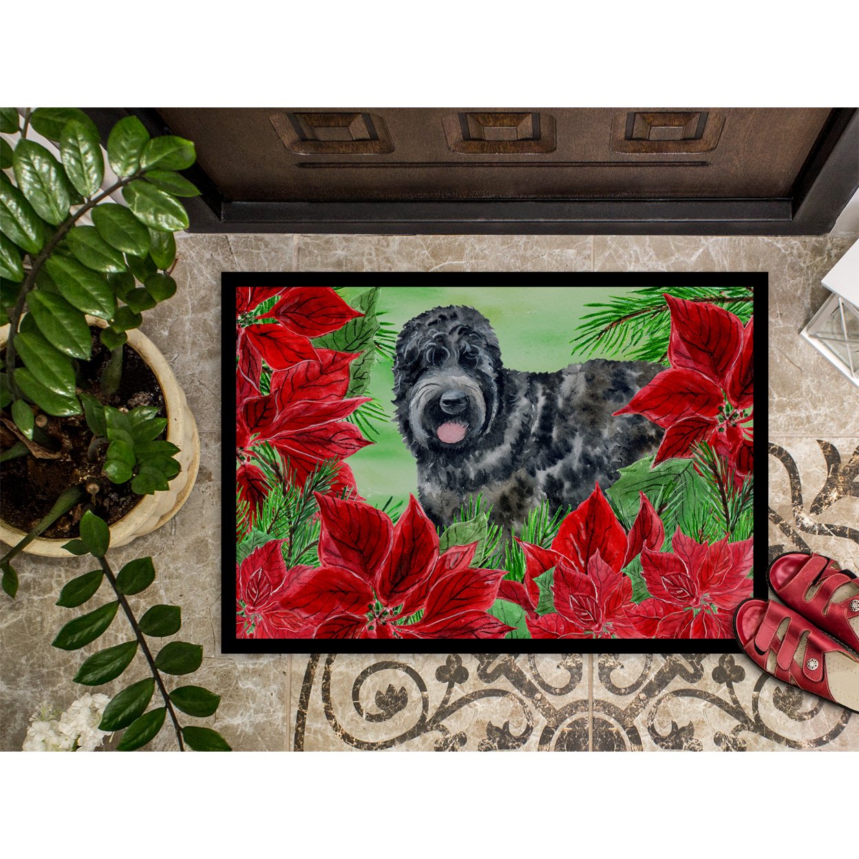Carolines Treasures CK1325MAT Black Russian Terrier Poinsettas Door Mat Indoor Rug or Outdoor Welcome Mat 18x27 Doormat