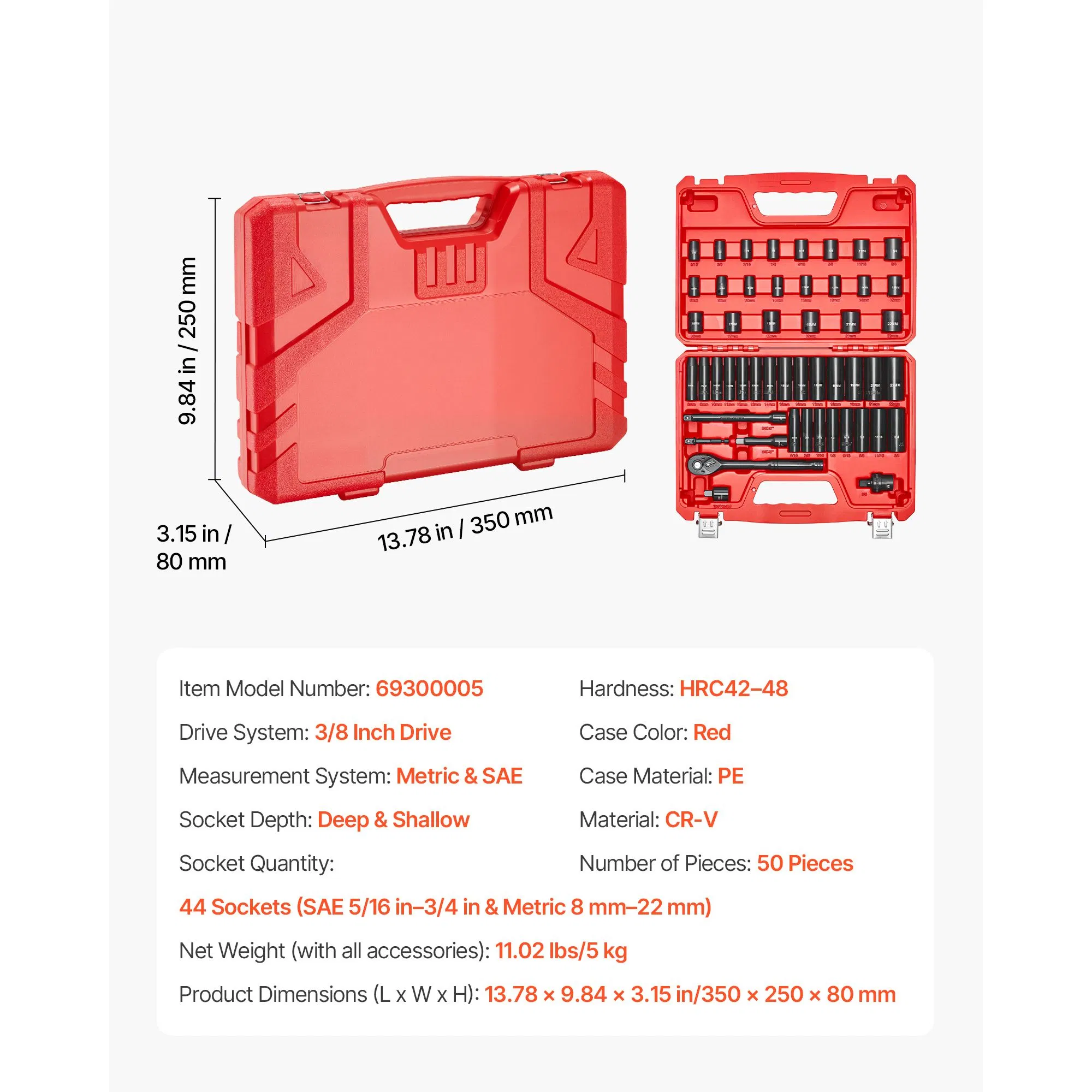 50-Piece 3/8" Drive Impact Socket Set with Deep&Shallow 6 Point Sockets,SAE&Metric Sizes,Cr-V Steel,Includes Extension Bars&Case