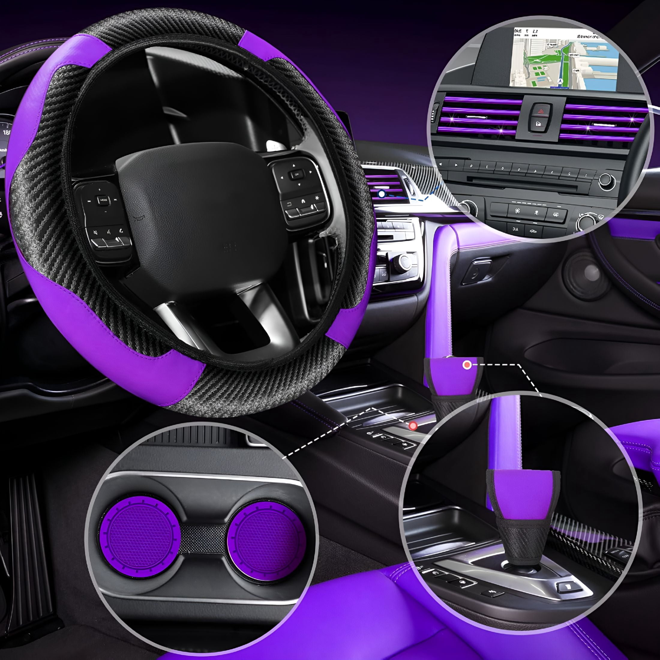 MELIVO 30PCS Car Accessories PU Leather Steering Wheel Cover Set, Car Accessories Gift for Women, Car Vent Trim Strips Air Conditioner Insert Strips Handbrake Cup Holder Cover, Purple