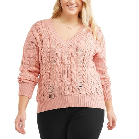 Poof Junior Plus Destructed V-Neck Cable Sweater