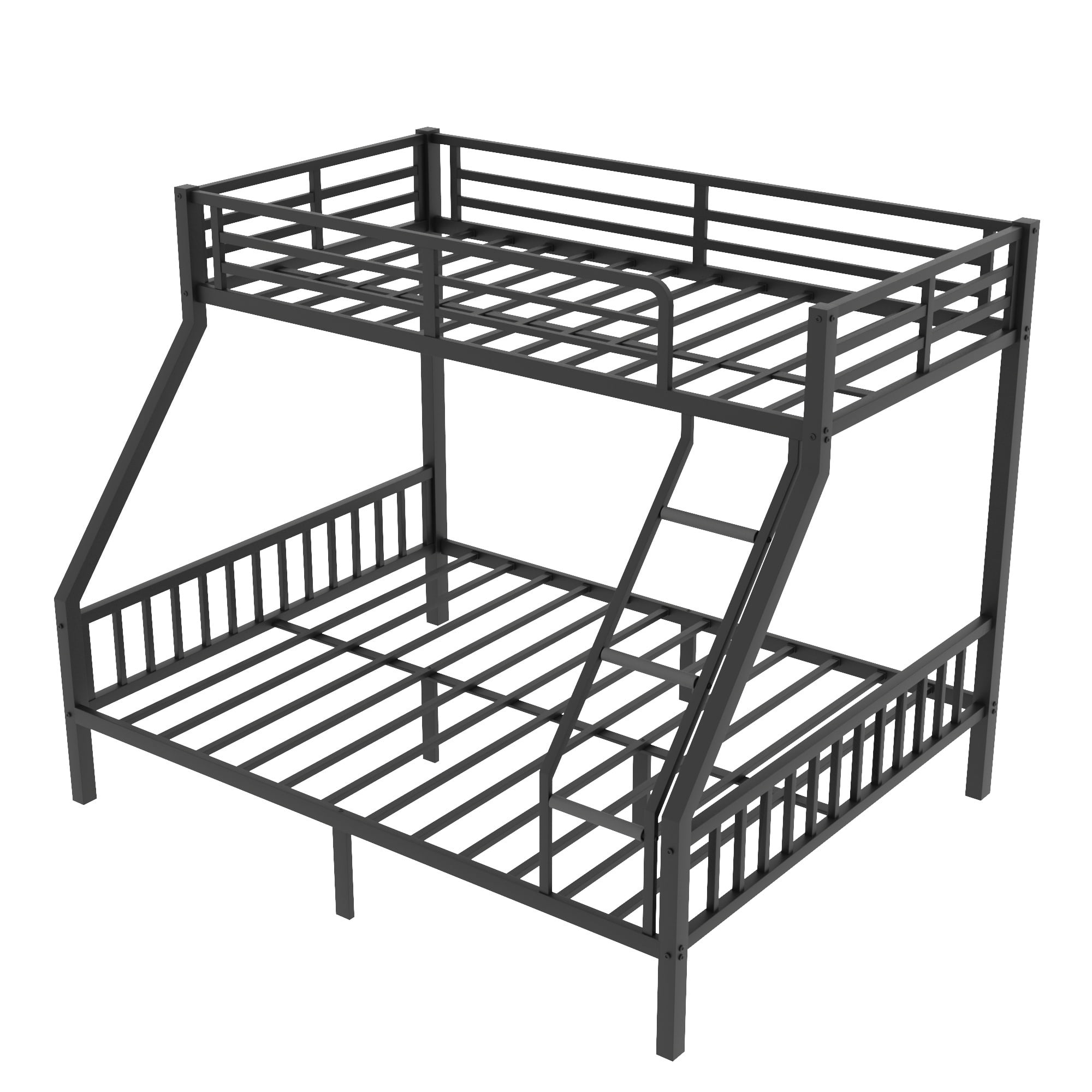 PORKISS Bunk Bed, Metal Twin XL Over Queen Bunk Bed Frame with Ladders and Slats, Modern Bed Frame with 12.5" High Safety Guard, Freestanding Twin Bunk Bed for Teens Adults, Black