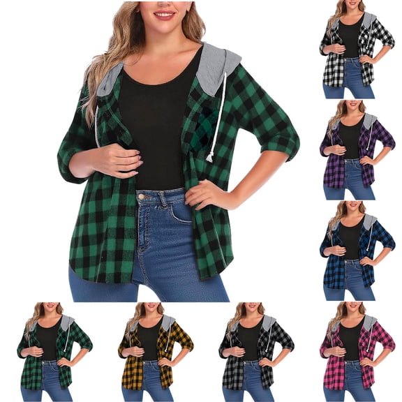 qucoqpe Hooded Flannel Plaid Shirt for Women Stylish Casual Button Down Hoodie Shirts Womens Long Sleeve Loose Jackets Tops
