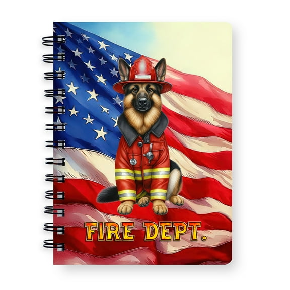 Firefighter German Shepherd Hero Rescue Fire Dept Fireman USA Flag Spiral Bound Journal Alsatian Dog Lover Gifts 5x7in Spiral Notebook - 02026