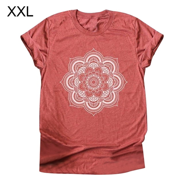 Camiseta de mujer Blusa de verano con cuello redondo y manga corta con estampado floral, Rojo, XXL Jumpingount AP002559-05