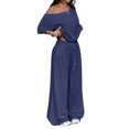 thumbnail image 3 of Women'S 2 Piece Travel Outfits Casual Short Sleeve Knit Sweater Set Wide Leg Pants Lounge Sets Dark Blue L, 3 of 8