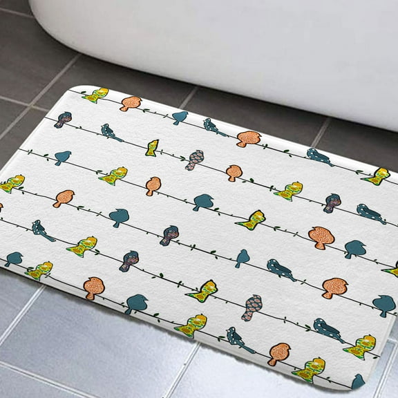 Bird Bathroom Rug Mat, Colorful Type of Birds Sitting and Chirping on Wires Musical Minimalist Non-Slip Bath Carpet, Bird Extra Soft and Absorbent Bath Rugs(17"X29")