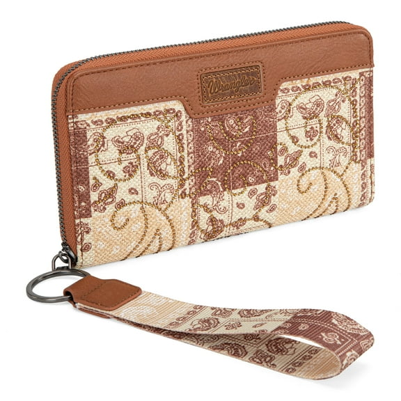 Wrangler Wristlet Wallets for Women, Designer Shimmer Western Wallets, Bifold Zipper Wallet, Brown
