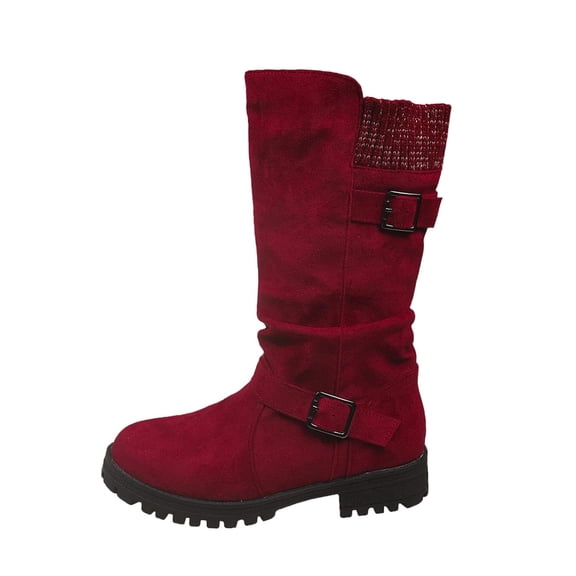 Ahabrexf Women's Mid Calf Boots Faux Leather Double Buckle Round Toe Chunky Heel Cushioned Solid Color Casual Fashion Winter Boots for Women