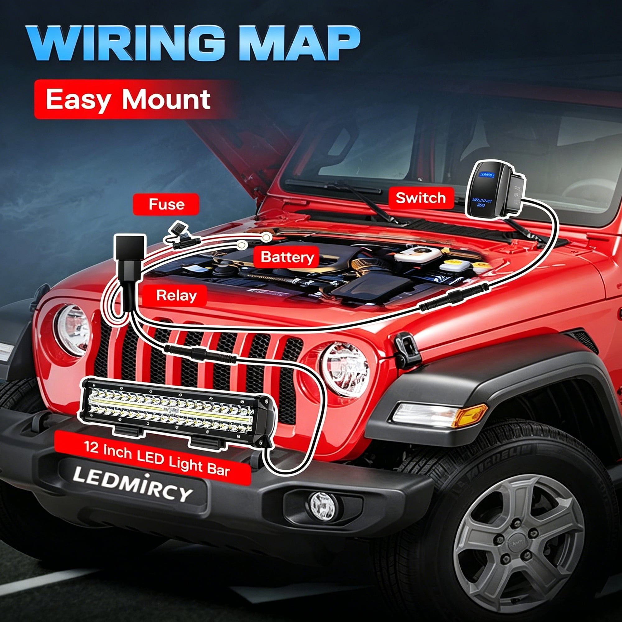 12 inch LED Light Bar Kit with 5 Pin Rocker Switch Wiring Harness Triple Row Flood Spot Combo Off Road Driving Fog Lights LED Bar Work Lights for Trucks UTV ATV Tractor Golf Cart Boat