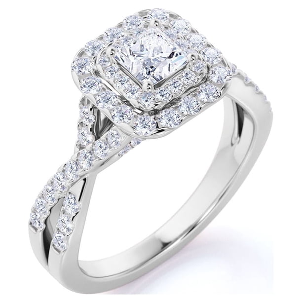 JeenMata Anillo de Compromiso de Moissanita de Corte Princesa de 1 Quilate - Conjunto Nupcial - Anillo de Doble Halo - Anillo de Racimo - Oro Blanco de 18 K sobre Plata