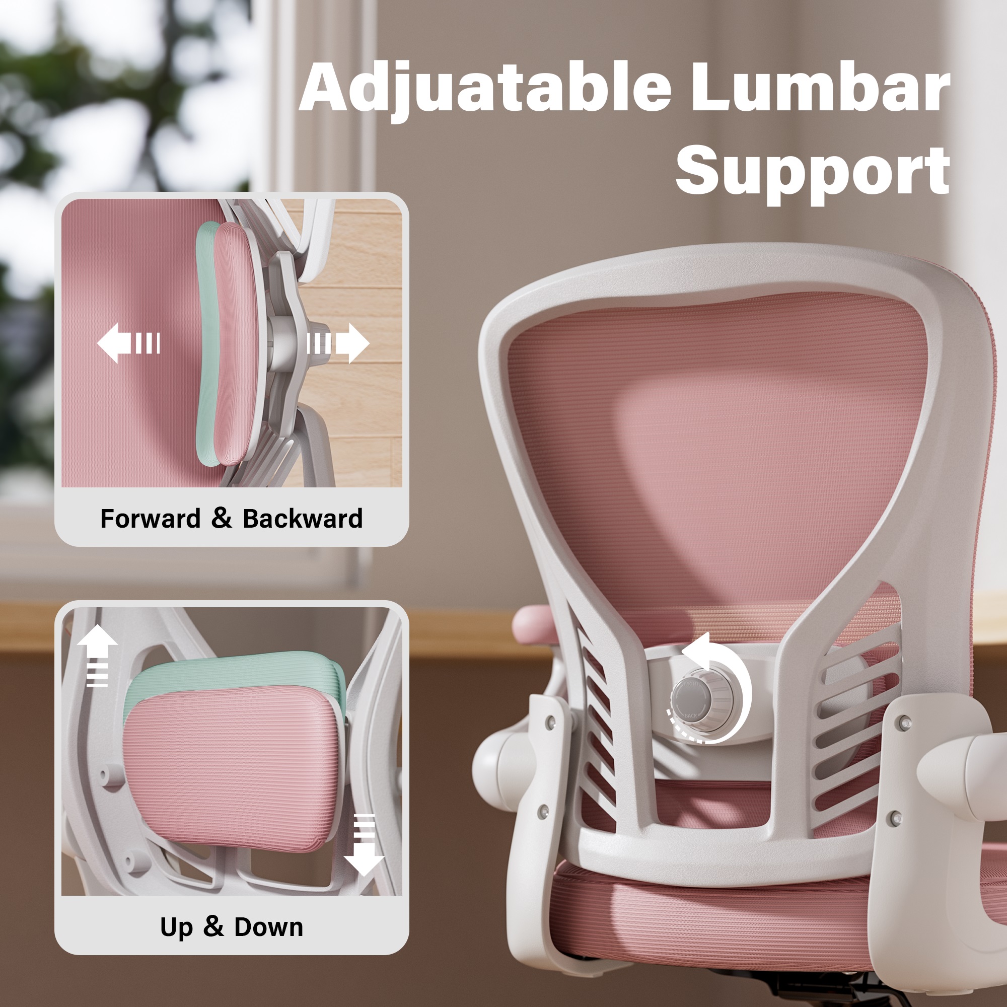 Ninecer Ergonomic Mesh Office Chair, Mesh Back Office Chair with Flip-up Arms, Swivel Computer Desk Chair with Lumbar Support for Adult, Pink