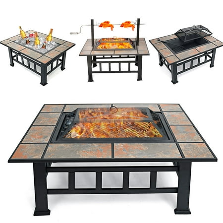 37inch Wood Fire Pits Outdoor Metal Firepit Square Table Backyard Patio Garden Stove Wood Burning BBQ Grill Fire Pit with Spark Screen, Log Grate, Wood Fire Poker