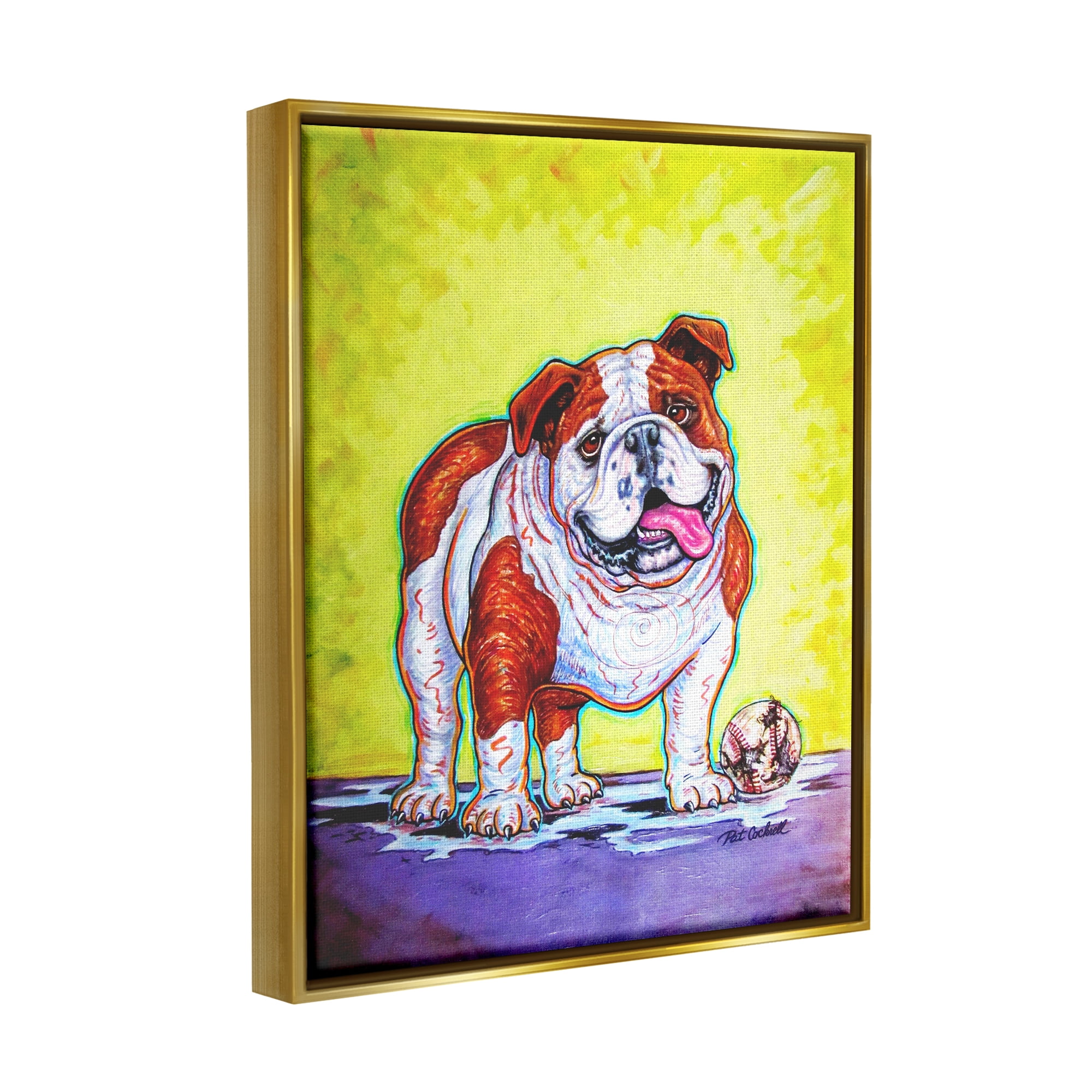 Stupell Industries Bulldog with Baseball Animals & Insects Painting Gold Floater Framed Art Print Wall Art, 25 x 31