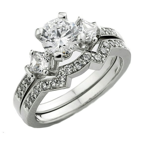 Dazzlingrock Collection 1.05 Carat (Ctw) 14k White Golad Round & Princess Diamond Ladies Bridal Ring Engagement Set 1 CT, Size 5