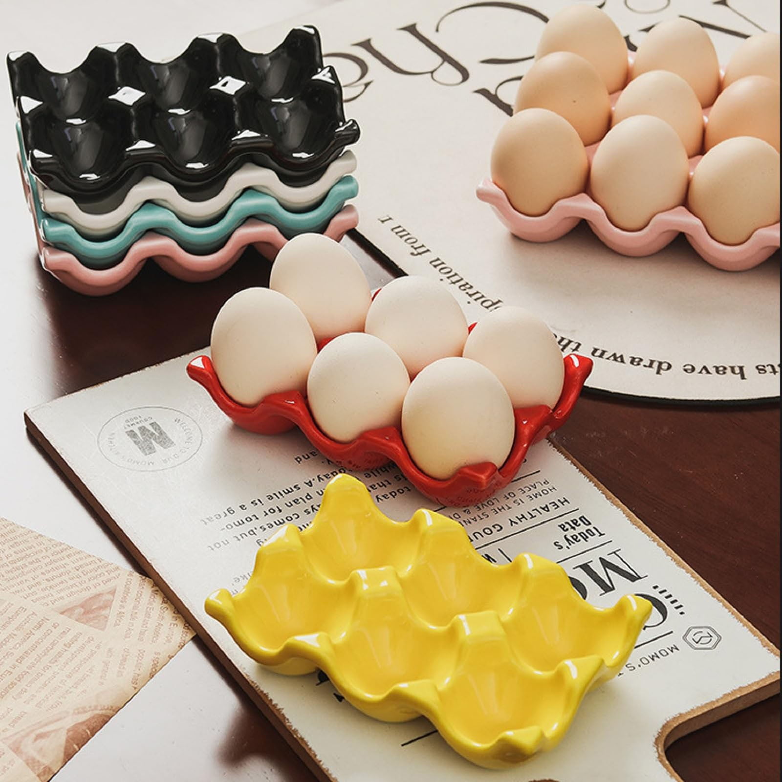 BEGHT 2Pcs Ceramic Half Dozen Egg Tray Holder for Countertop, Refrigerator, Porcelain Egg Carton Holds6 Chicken Eggs, Hard Boiled Eggs for Refrigerator Countertop Display Kitchen.