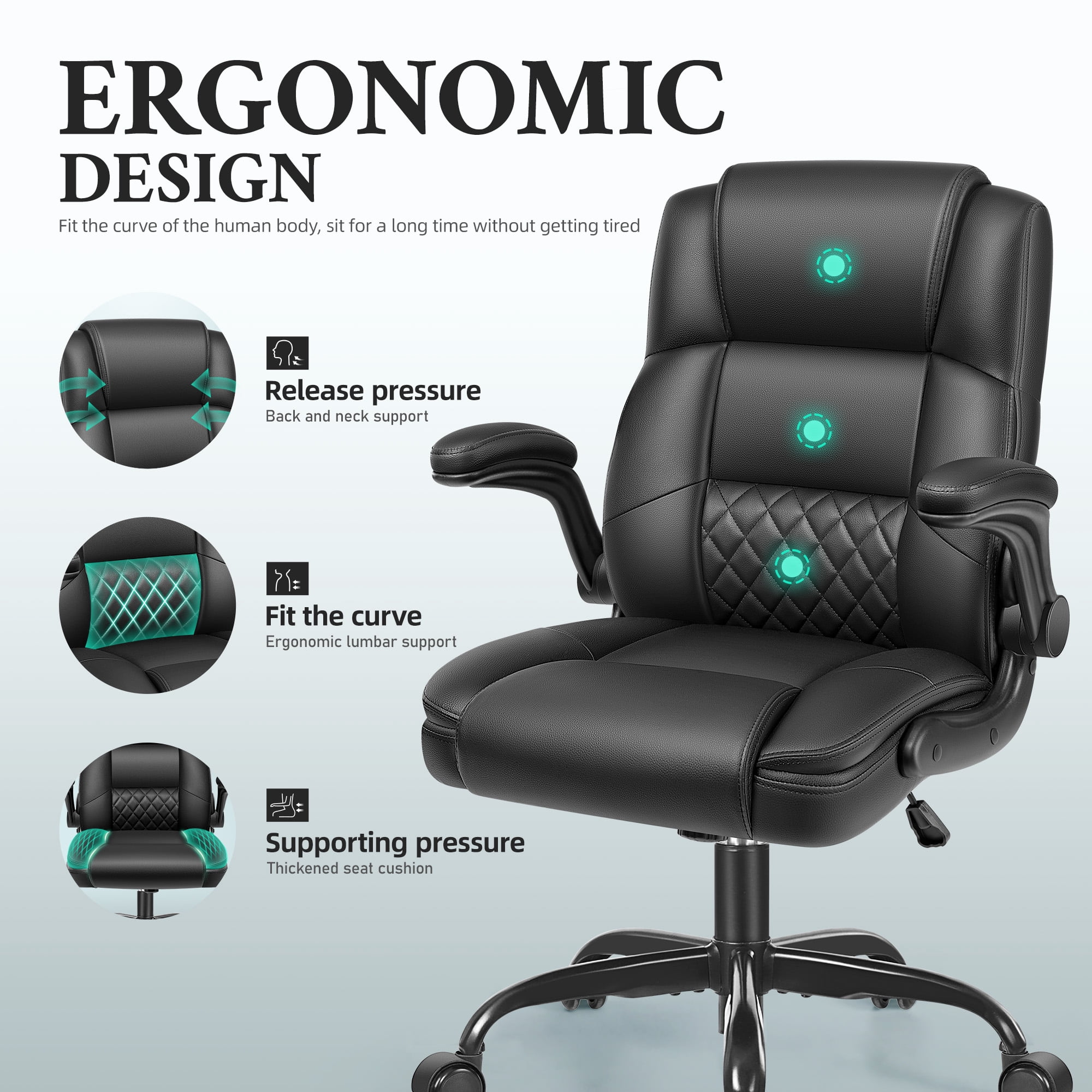 ALLGOD Leather Office Chair 400lbs, Ergonomic Desk Chairs with Back Support, Computer Chair with Wheels and Adjustable Armrest for Home Office, 360°Swivel Free, Black