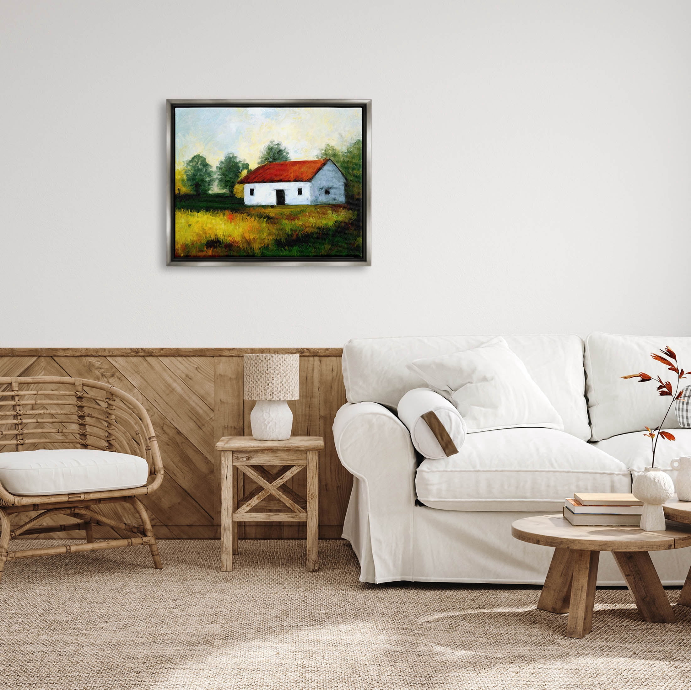 Stupell Industries Countryside Meadow Cottage Landscape Painting Luster Gray Floating Framed Canvas Print Wall Art, Design by Ziwei Li