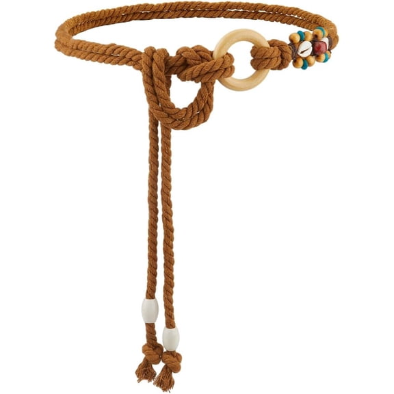Simple Cotton Long Waist Rope Belt 55 Inch Long Women's Tassel Skinny Waist Chain Ethnic Boho Woven Belts with Wooden Beads