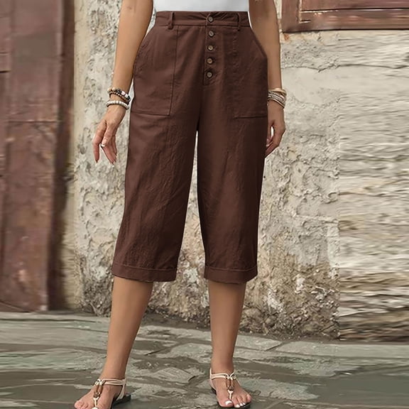 Yteetum Capris for Women with Pockets Summer Elastic Waist Button Lounge Capri Pants Womens Casual Solid Loose Fits Lightweight Comfy Cropped Pants