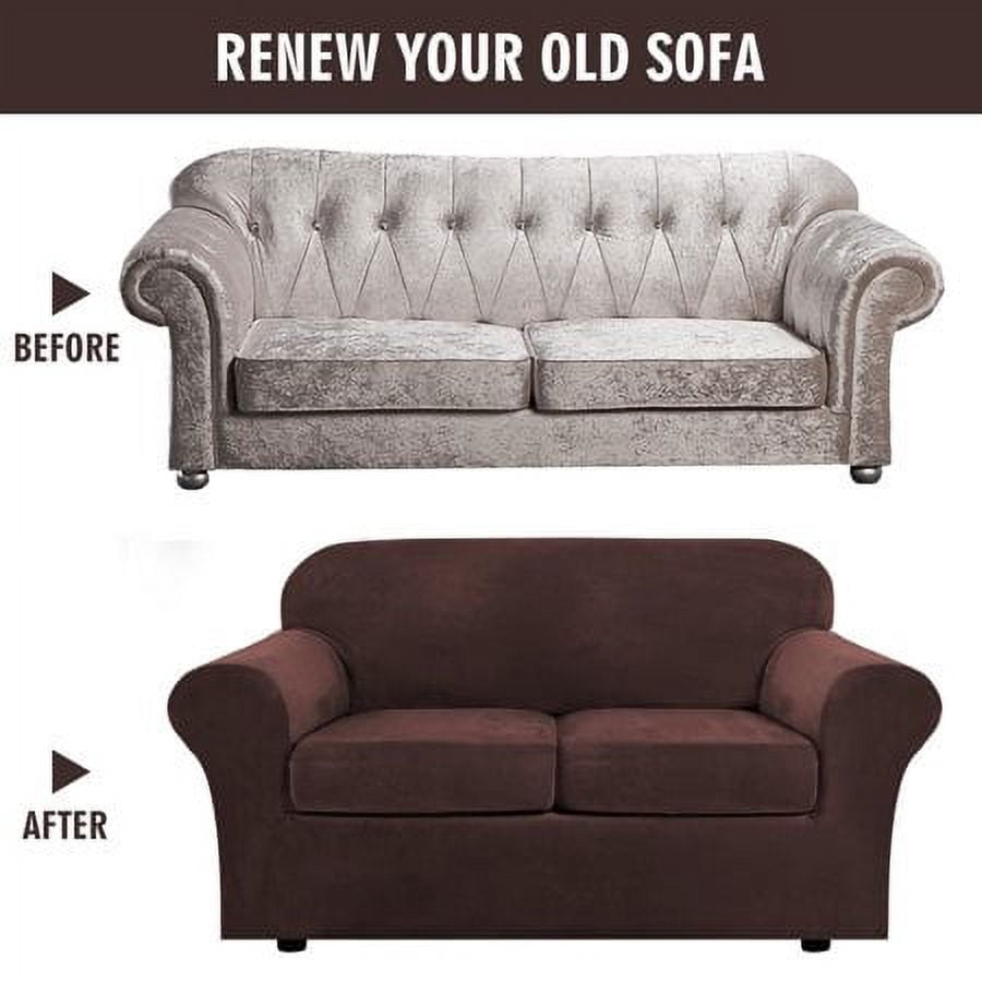 JIAN YA NA Stretch Velvet Sofa Covers Large Couch Covers Sofa Slipcovers with Seperate Seat Cushion Covers(Dark Brown, Loveseat Cover)