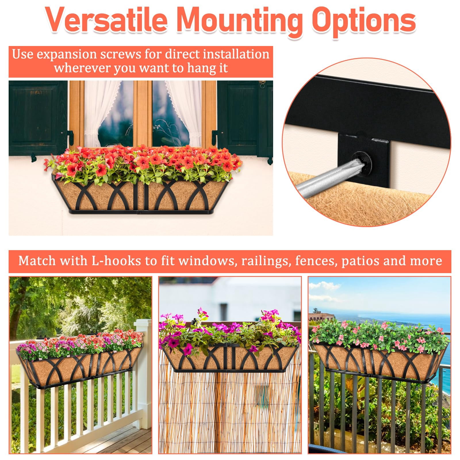 24in Metal Railing Planter Window Box 3 Pack For Deck Balcony Porch Fence Indoor Outdoor Plants