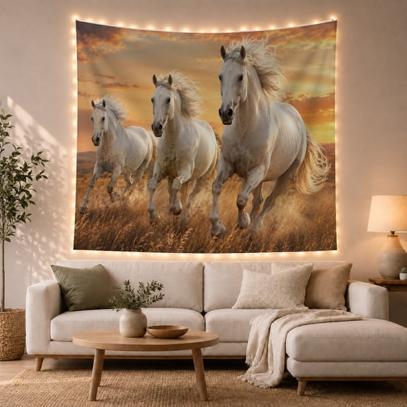 White Horses Running on Golden Grassland Majestic Photorealistic Style for Nature Lovers Wildlife Wall Art Housewarming Gift Tapestry Wall Hanging for Bedroom, Living Room and Dorm