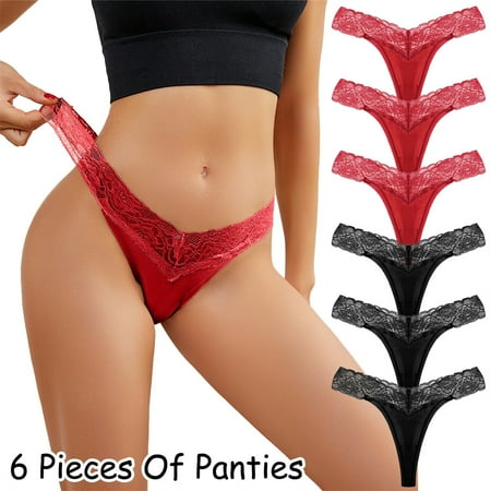 

Jieowen 6 Pack Women Lace Thongs Cotton Lace Trim Underwear Panties Low Rise T-back Seamless Thongs