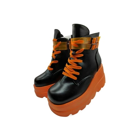 

Gomelly Platform Combat Boots for Women Lace-Up & Zip High Heel Ankle Boots Black Orange 7