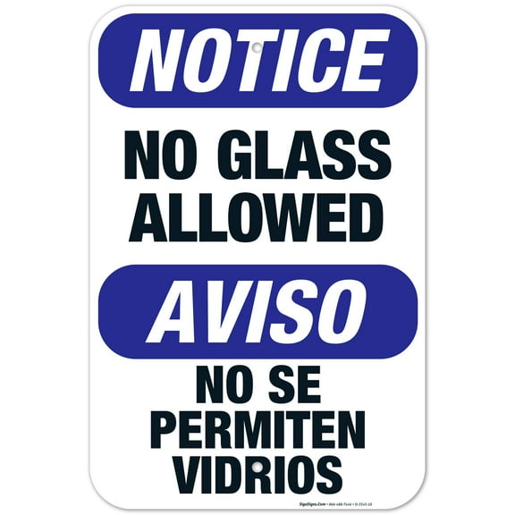No Glass Allowed Bilingual Sign, OSHA Notice Sign, 12x18 Aluminum
