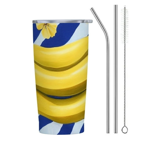 

QCPP Bananas Flowers Stripes 20oz Car Tumbler with Straw 304 Stainless Steel Funny Birthday Gifts for Women Friends Thermal Cup for Home Outdoor 20oz