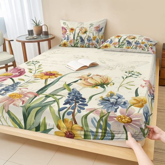 Full Size Fitted Sheet Set - Colorful Flowers 3 Piece Bedding Sets 16" Deep Pocket Fitted Sheet with 2 Pillowcases Spring Botanical Wild Florals Herbs Brushed Microfiber Hotel Luxury Bed Sheets