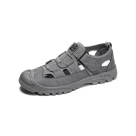 

Welliumy Men Flats Hollow Out Sandals Summer Casual Shoes Driving Beach Shoe Hiking Adjustable Closed Toe Gray 10.5