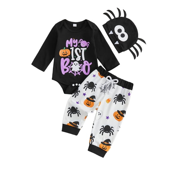 RUINIXCW Baby Boy Girl My First Halloween Outfit Fall Clothes Funny Pumpkin Ghost Spider Print Crew Neck Long Sleeve Romper Pants and Hat 3 Pcs Set
