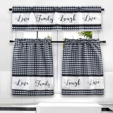3 Piece Kitchen Curtains and Valances Set for Windows Room, Love Family, Laugh, Live Home décor (Black and White)
