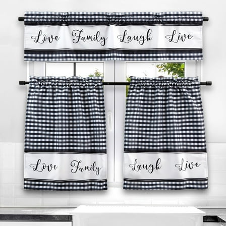 Farmlyn Creek 3-Pc Kitchen Curtains & Valance Set - Farmhouse Kitchen Decor Buffalo Check Pattern - Semi-Sheer Window Curtains Over Sink - 3-Pc Tier Panel Set - Black & White, 29 x 36 in