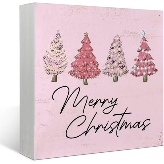 Zomyto 5x5 Inches Merry Christmas Sign,Pink Christmas Sign,Pink Christmas Tree Decorations,Christmas Tree Sign Wood Plaque,Christmas Signs,Merry Christmas Sign for Table