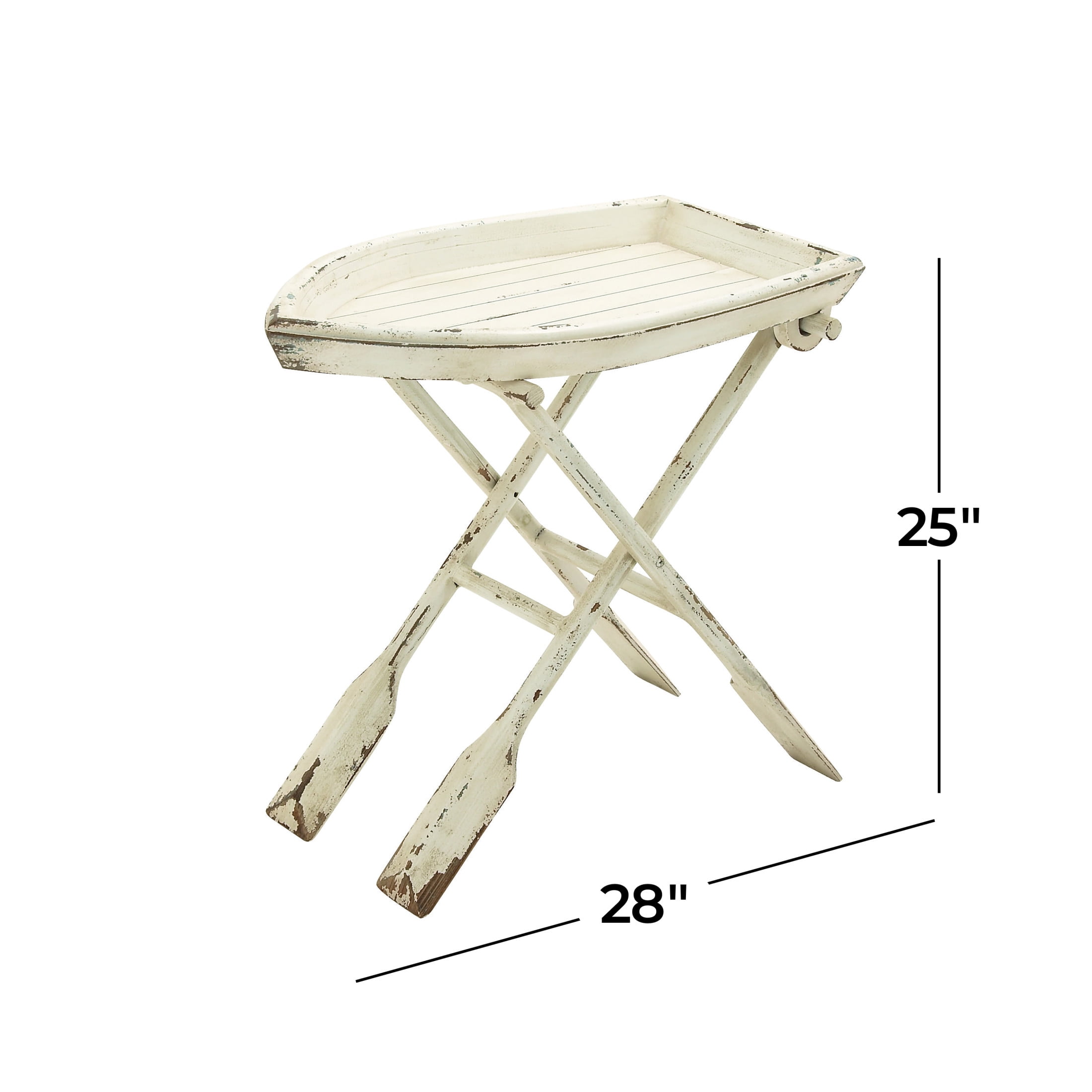 DecMode Coastal Wood Boat with Oar Inspired White  Accent Table, 28"W x 25"H