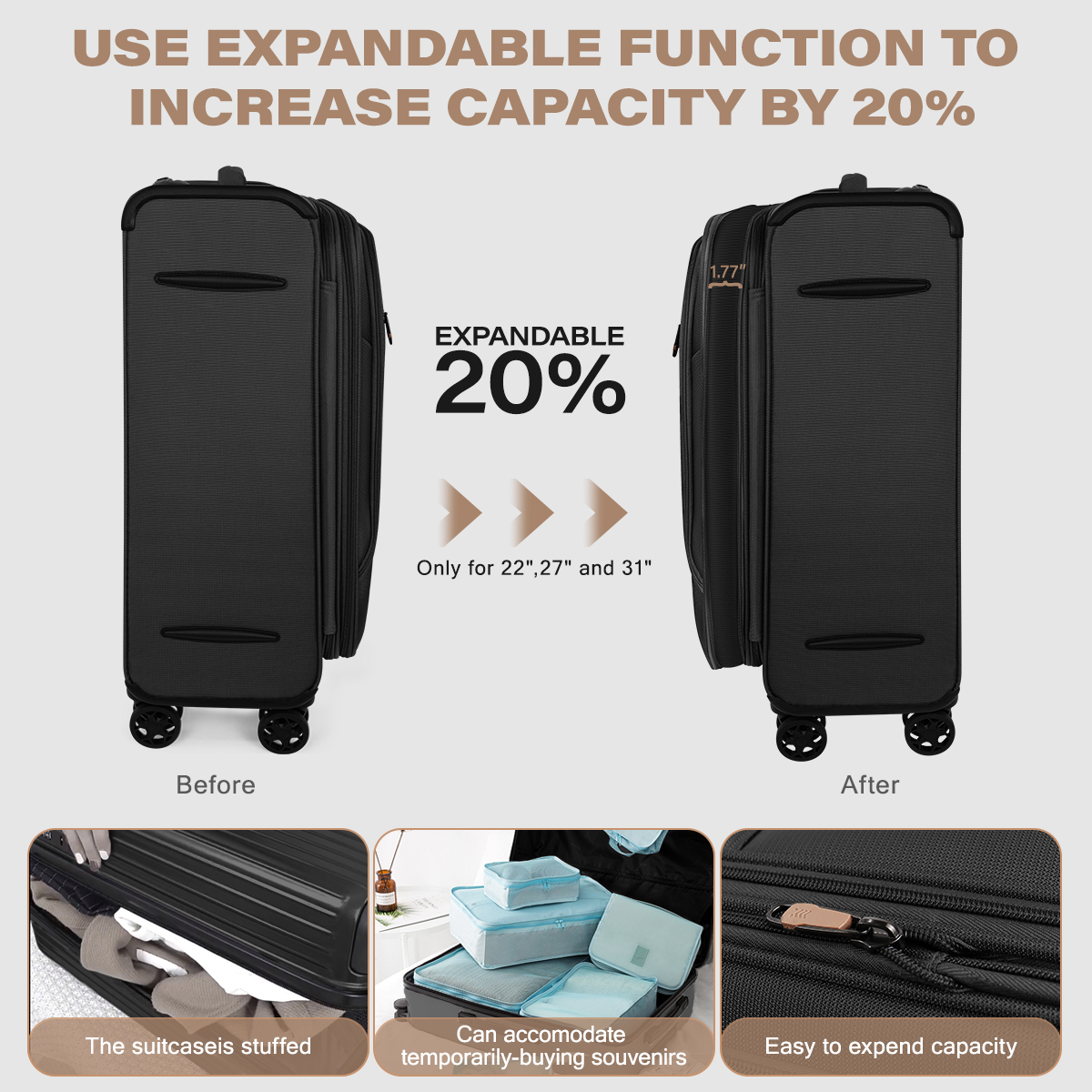 3 Piece Softside Luggage Set, Expandable Soft Shell Spinner Luggage with Front Opening, Lightweight Durable Suitcase TSA Lock Approved, 20"/26"/28", Black(XJ1097)