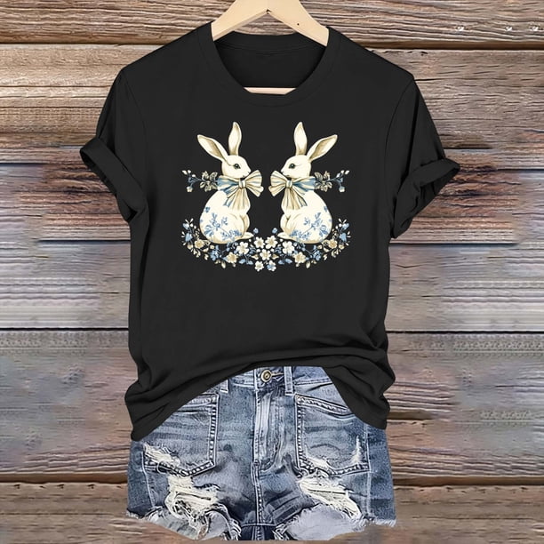 Haivin Womens 2026 Summer Round Neck Loose Tops Easter Printed Fashion Blouse T Shirt Dressy Casual Short Sleeve Shirts