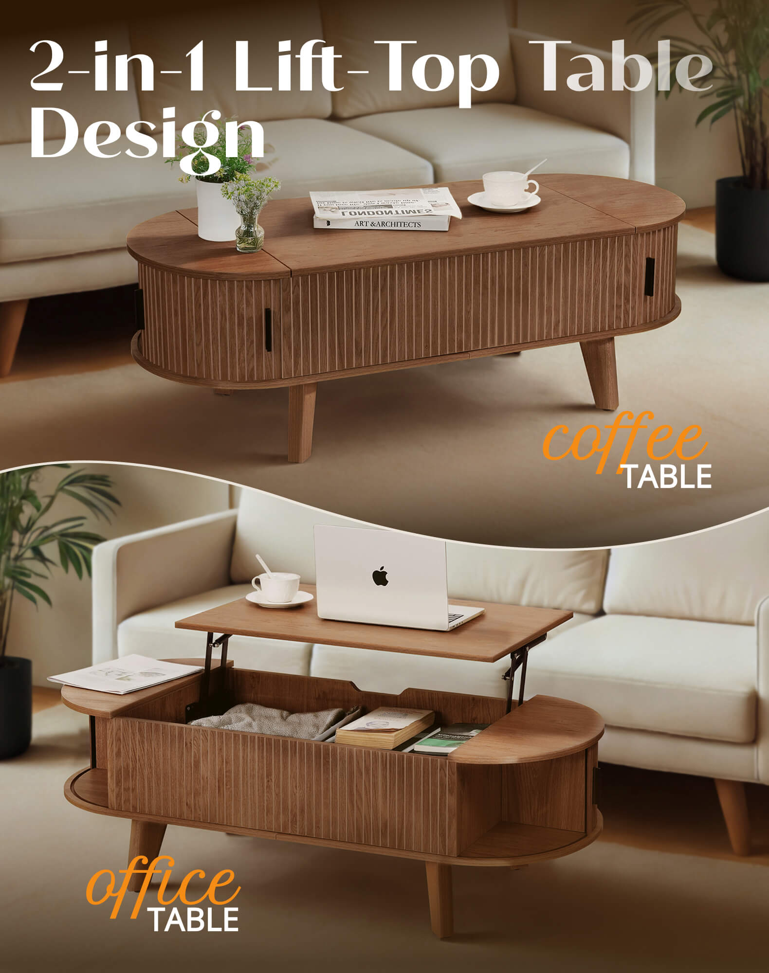 Putuo Decor 47.2" Oval Lift-Top Coffee Table with Storage, Fluted Tambour Door, Walnut